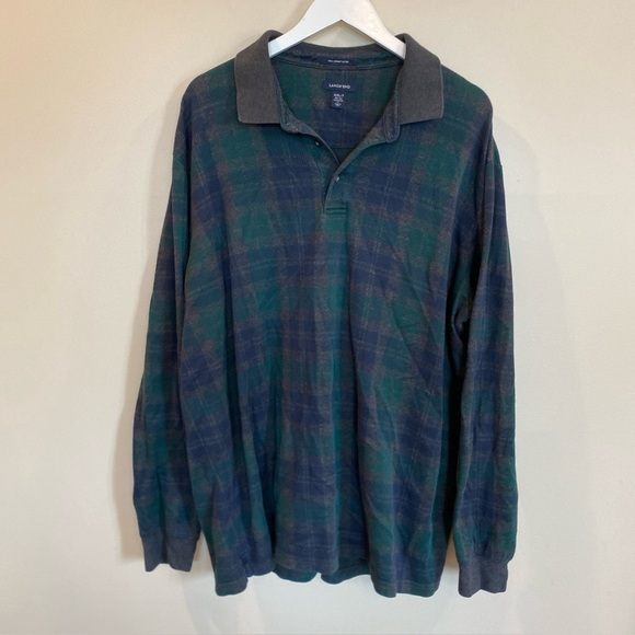 Lands End Green Plaid Henley Long Sleeve Mens XXL Tall Collared - Picture 1 of 6